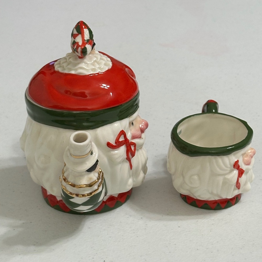 Ciao Claus Santa Harlequin Tea Set Ceramic Teapot & Cup Christmas Seasonal Decor - Picture 8 of 10